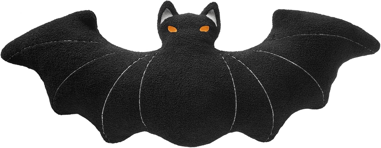 Phantoscope Happy Halloween Bat Shaped Throw Pillow, Large Body Pillow Teddy Fleece Embroidery Decorative Fall Decorative Halloween Pillow for Couch, Sofa, Bed, Black 22 x 48 inches