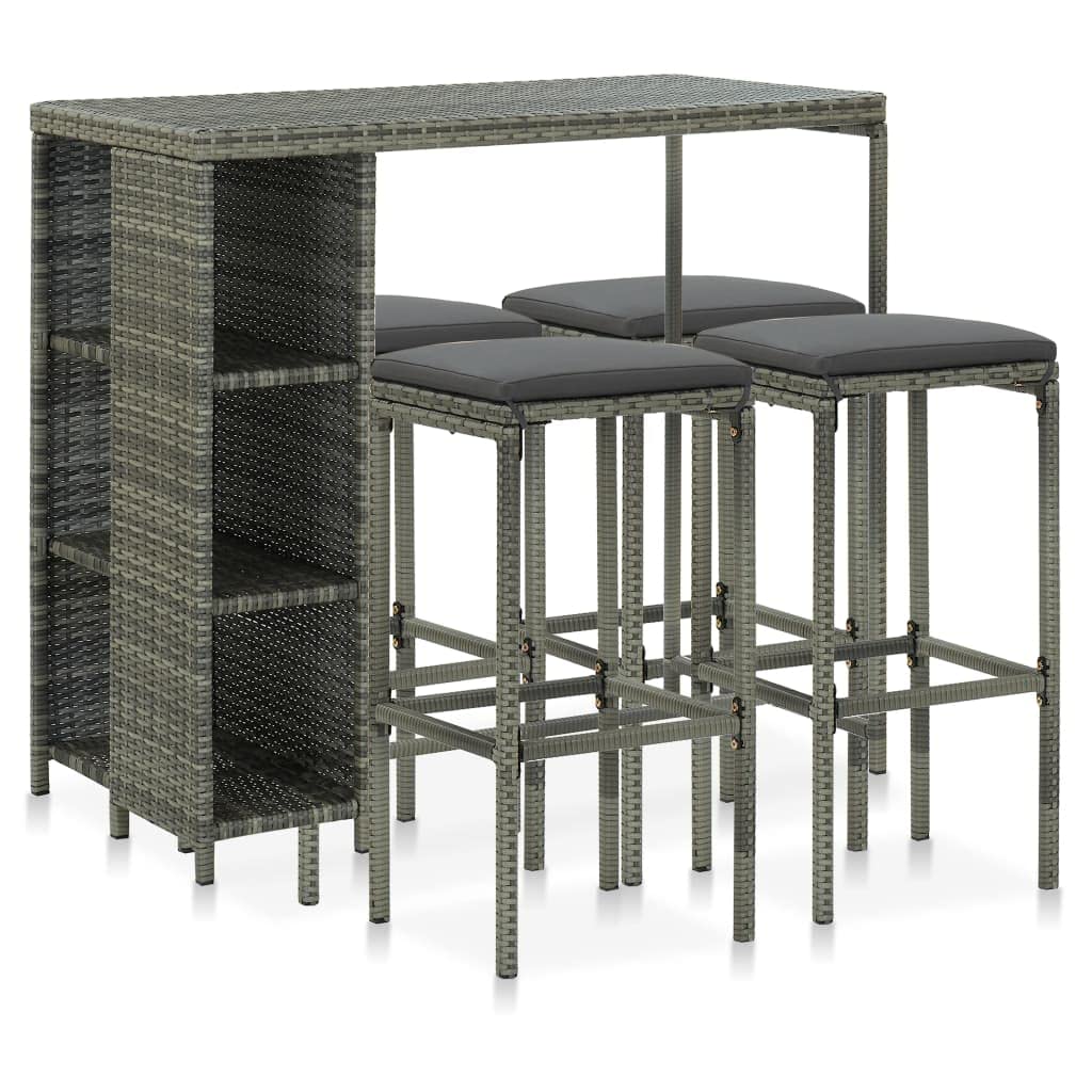 vidaXL Set de Bar para Jardín 5 Piezas y Cojines Silla Mesa Asiento Patio Terraza Barra Bistró Muebles Mobiliario Ratán Sintético Gris