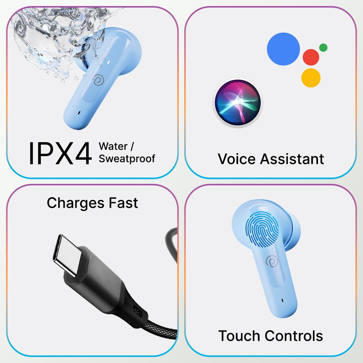 pTron Bassbuds Astra in-Ear TWS Earbuds w/Stereo Sound, 50Hrs Playtime, Stereo Calls, Custom EQ, Mobile App, BTv5.3 Headphones, Touch Control, Voice Assistant, Type C Charging & IPX4 (Light Blue) — Amazon image 7
