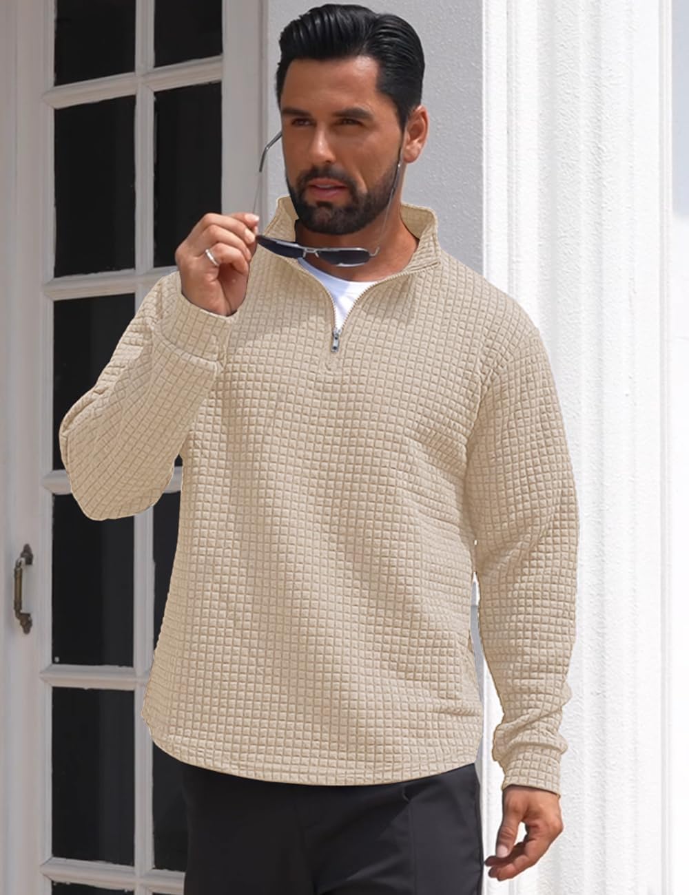 Mens Quarter Zip Pullover Quilted Sweatshirt Waffle Mock Neck Casual Long Sleeve Polo Sweater - Image 4