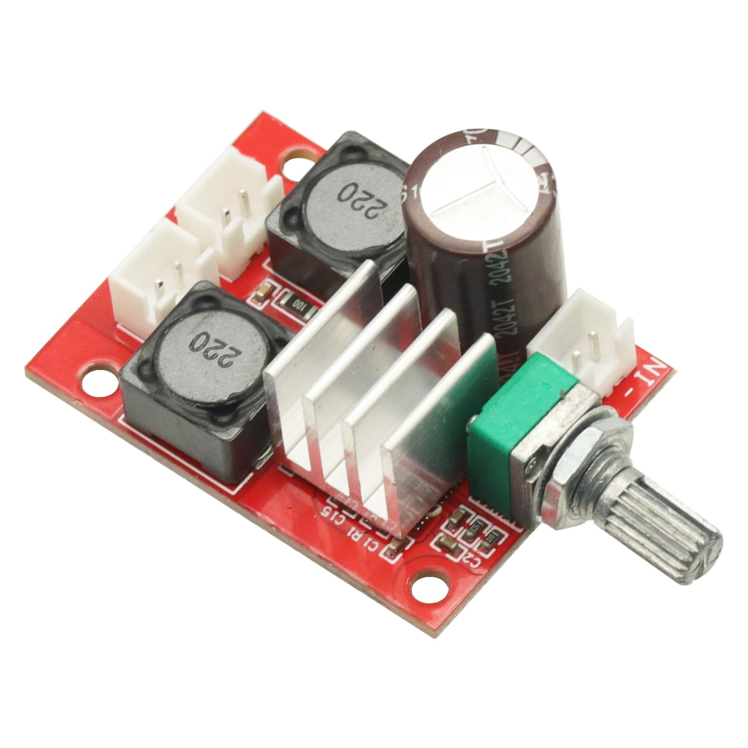 Úhlové view of the TPA3116D2 amplifier board showing the volume knob.