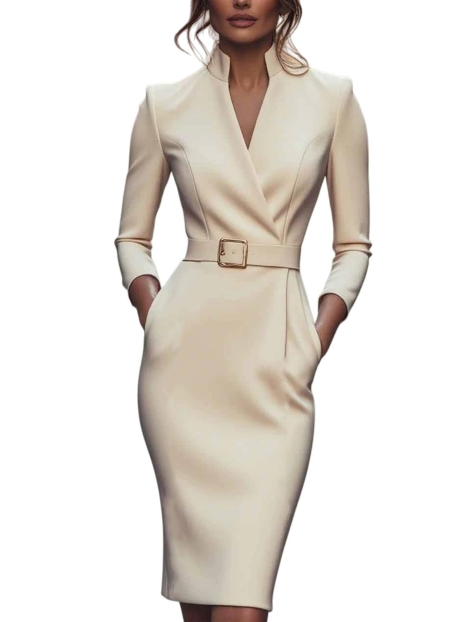 Work Dresses for Women 2025 Refined Belted Sheath Long Sleeve Business Dress 3 4 Sleeve V Neck Bodycon