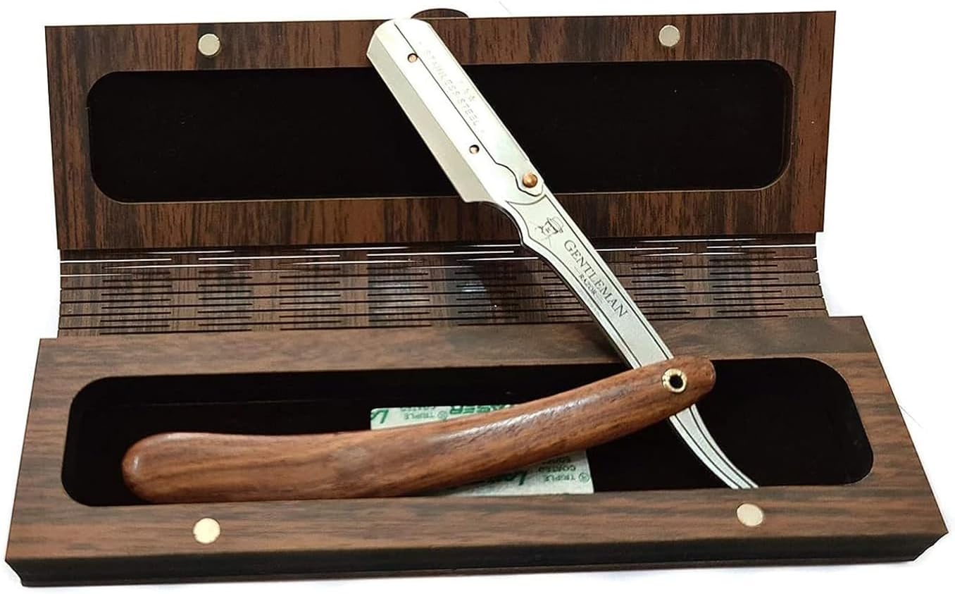 Men Gentleman Barber Wooden Razor With Premium Stainless Steel Blade - Classic Straight Design - Ergonomic Grip - Wooden Box For Elegance And Convenience - Timeless Grooming