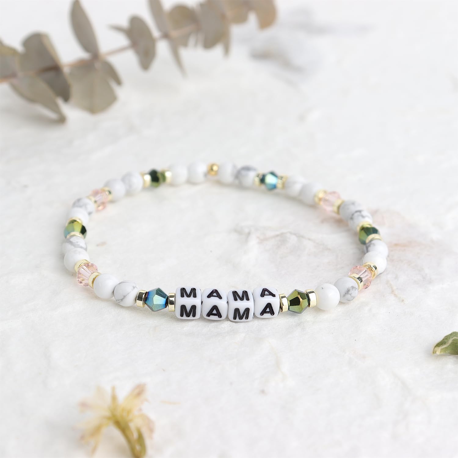 White Beaded Stretch Bracelets for Women, Stackable Love Mom Natural Stone Bead Bracelet - Image 4