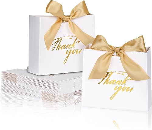 DECHISY Paquete de 50 pequeñas bolsas de agradecimiento a granel, 4.5 x 3.9 x 1.8 pulgadas, pequeñas bolsas de regalo blancas con cinta, bolsas de