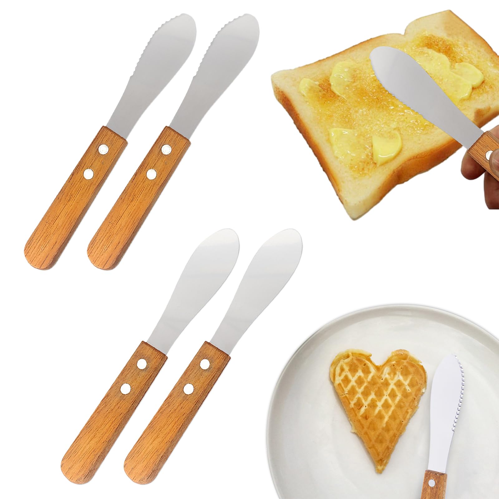 Butter Knife Spreader (4Pcs) Stainless Steel Cream Spatula with Serrated Edge Straight Edge Wood Handle for Butter Cheese Jams Jelly Bread Pastry Kitchen 20 x 3cm