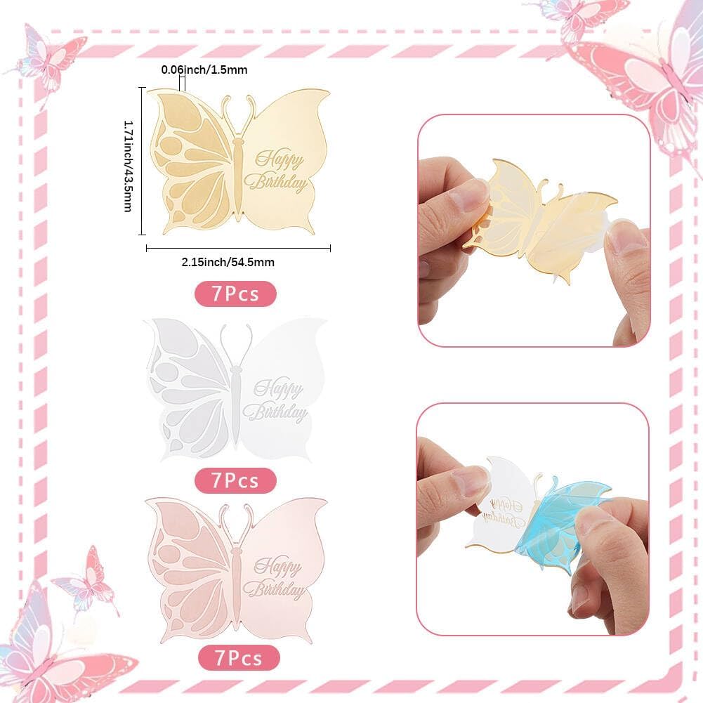 1 Box 21Pcs 3 Colors Colorful Butterfly Cake Topper Mini Butterfly Decorations Golden Silver Roes Gold Acrylic Double Side Word Birthday Happy Birthday Cupcake Toppers for Women Supplies