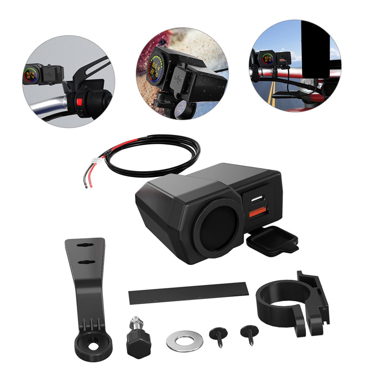 STOBAZA Motorrad Ladegerät mit Dualem USB Anschluss und Typ-c Digitales Voltmeter und Thermometer 70cm Stromkabel Schwarz aus Abs und Kupfer Kompatibel mit Motorrad und Autobatterie