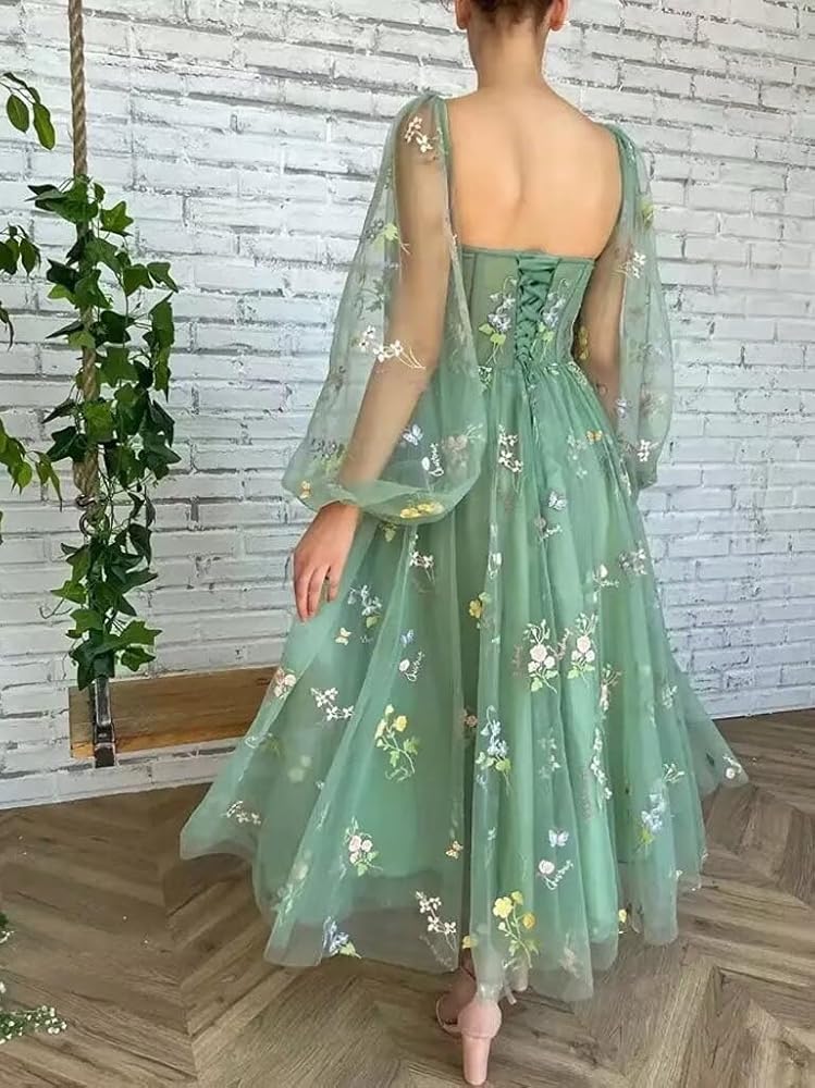 Amazon.com: Long Puffy Sleeves Prom Dresses 2024 Flower Embroidery Tulle  Formal Evening Party Gowns Tea Length Dress Women Formal : Clothing, Shoes  & Jewelry