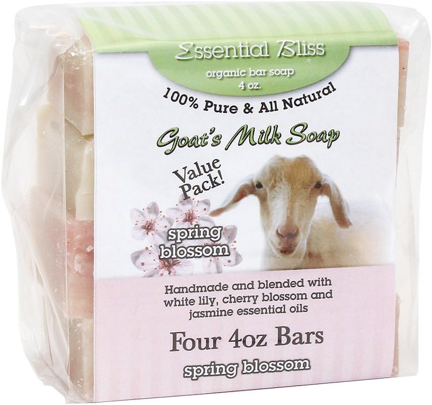 Essential Bliss All Natural Handmade Goat Milk Soap (4-Pack) Spring Blossom 4 Four Ounce Bars Good for your Skin Wonderful Fragrance. Full Refund if not Delighted!