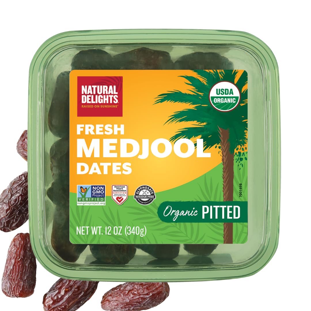Natural Delights Medjool Dates - Jumbo USDA Certified Organic Pitted Dates Medjool, Non-GMO Verified, Good Source of Fiber, Naturally Sweet Fruit Snack, Perfect for On-the-Go - Organic Medjool Dates Pitted, 12 oz Container