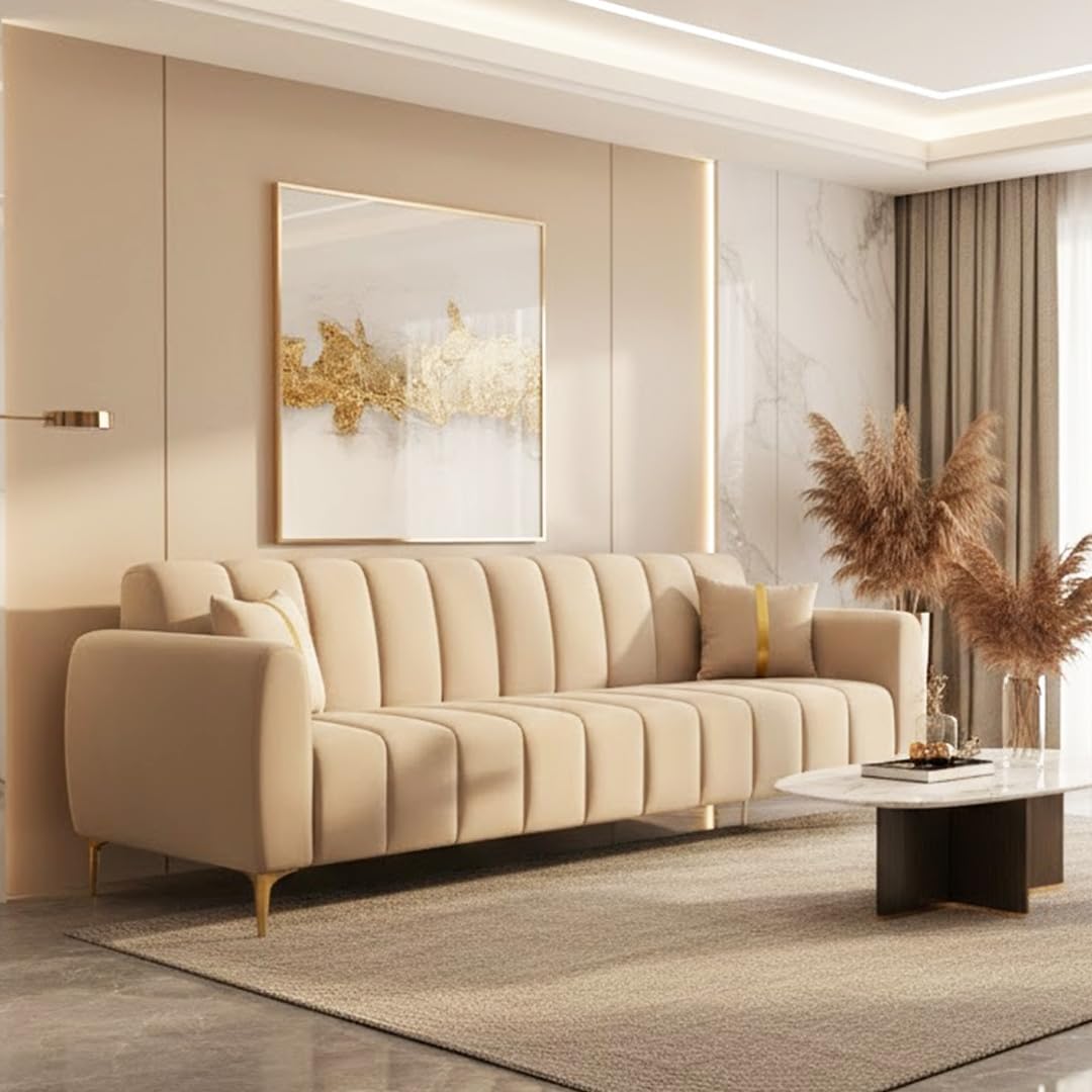 FURNY Harmony 3 Seater Velvet Fabric Sofa Set (Beige) with Golden Finish Legs Durable & Comfortable Ideal for Living Room