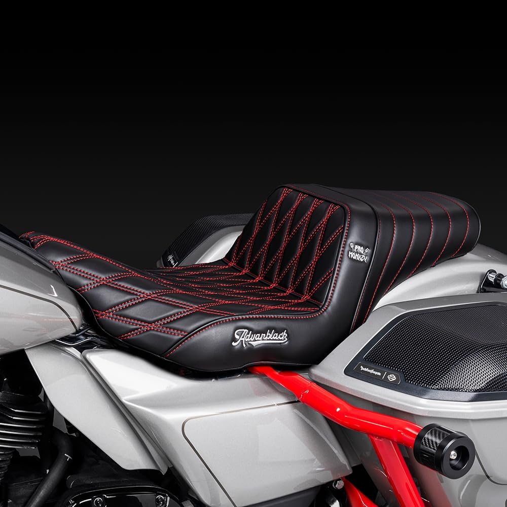 Advanblack ProMonkey Extended Reach Touring Tall Boy Seat - Compatible with 2023-2025 CVO Street Glide FLHXSE FLTRXSE & 2024 FLHX FLTRX FLHXU FLTRXSTSE (Red Stitching)