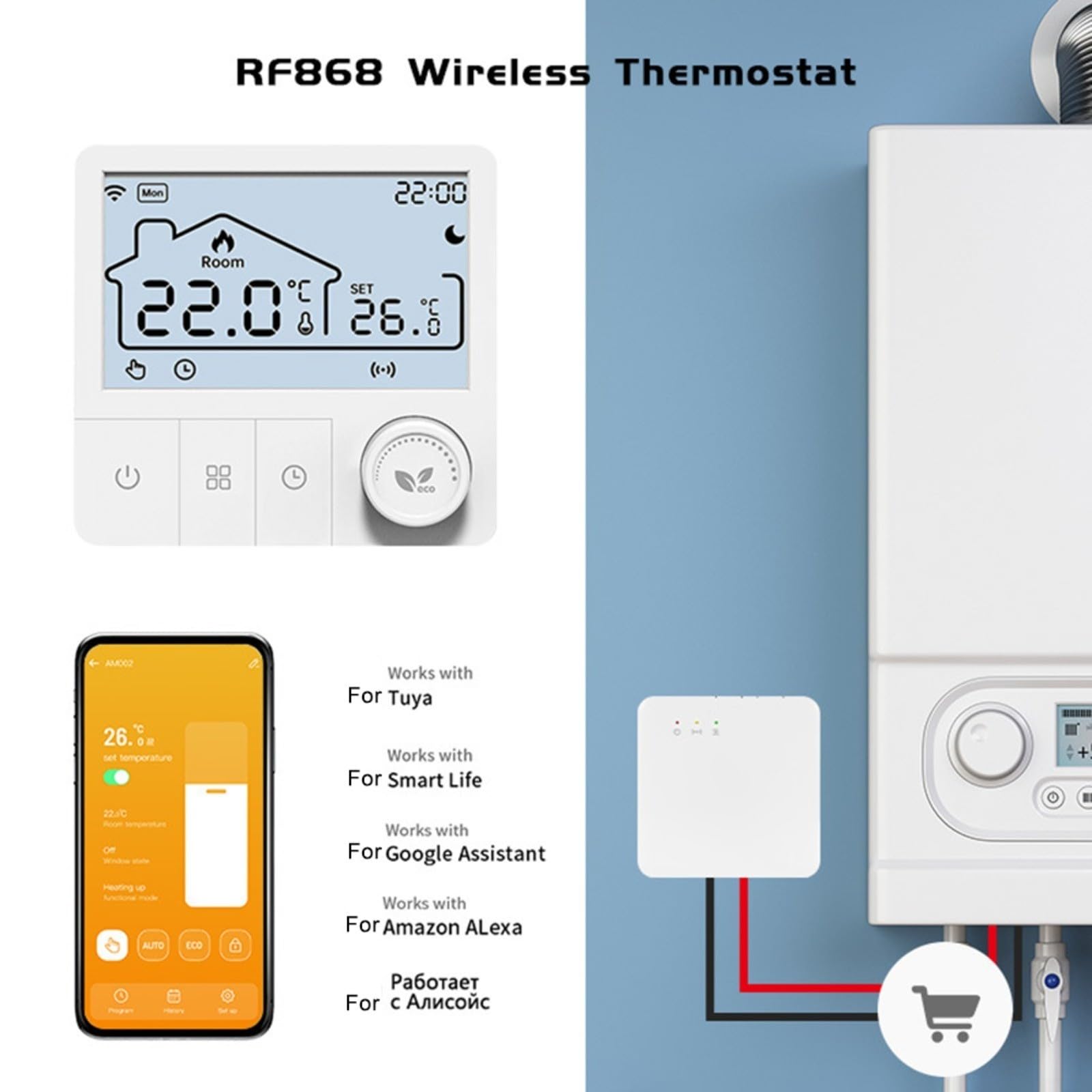 Controlador de temperatura WiFi para caldera colgante de pared, panel de termostato ABS de caldera combinada con aplicación móvil compatible con tuya (modelo regular)