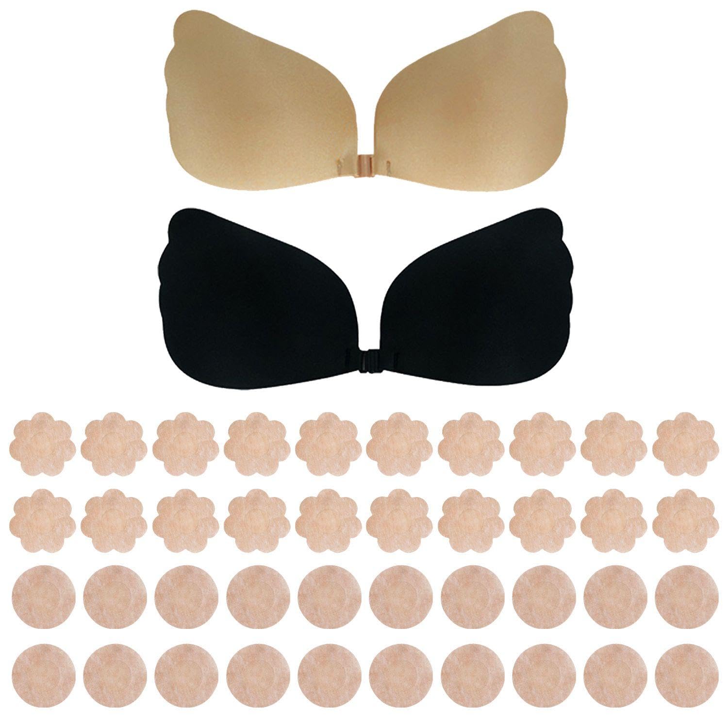 OODJVN 2 Pairs Of Strapless Underwear And 40 Pieces Of Non-Woven Chest Stickers, Invisible Bras, Reusable, Breathable Gathered Chest Stickers, Wing Silicone Breast Stickers.