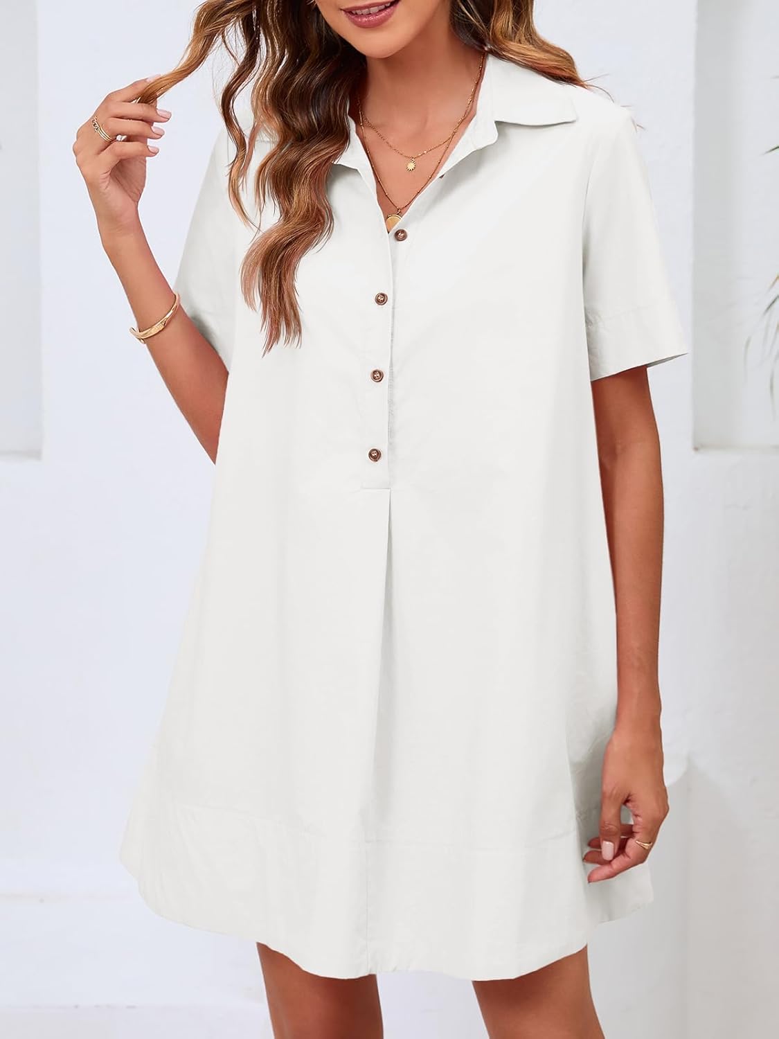 Wenrine Womens Oversized Shirt Button Mini Dress Short Sleeve Casual Collared V Neck Summer Flowy Dresses - Image 2