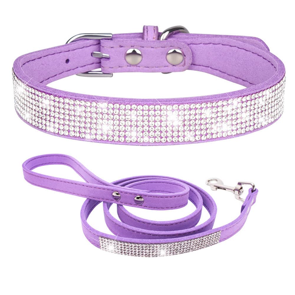 Purple Rhinestone Dog Collar and Leash for Small Dogs, Pretty Bling Puppy Collar Diamond Crystal Glitter Jewel Girl Cat Collars for XXS XS Small