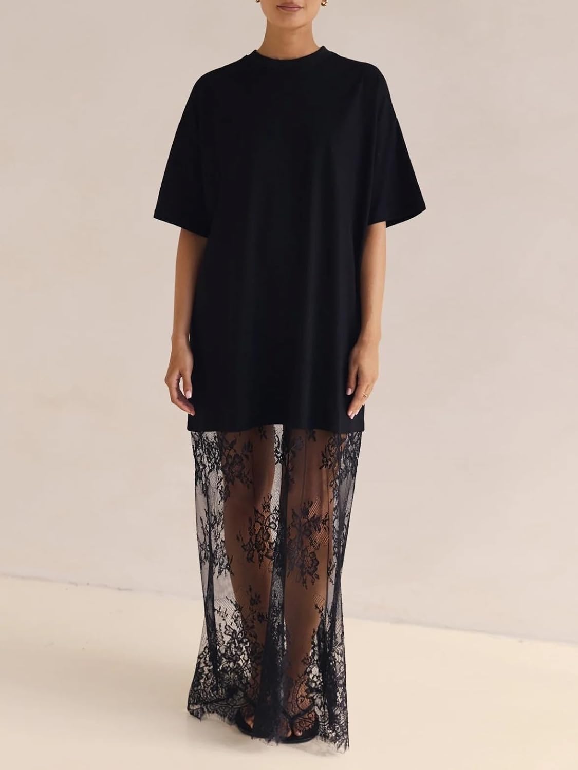 NUFIWI Women Short Sleeve Shirt Dress Crewneck Oversized Lace Maxi Dress Embroidered Lace Patchwork Long Dresses - Image 2