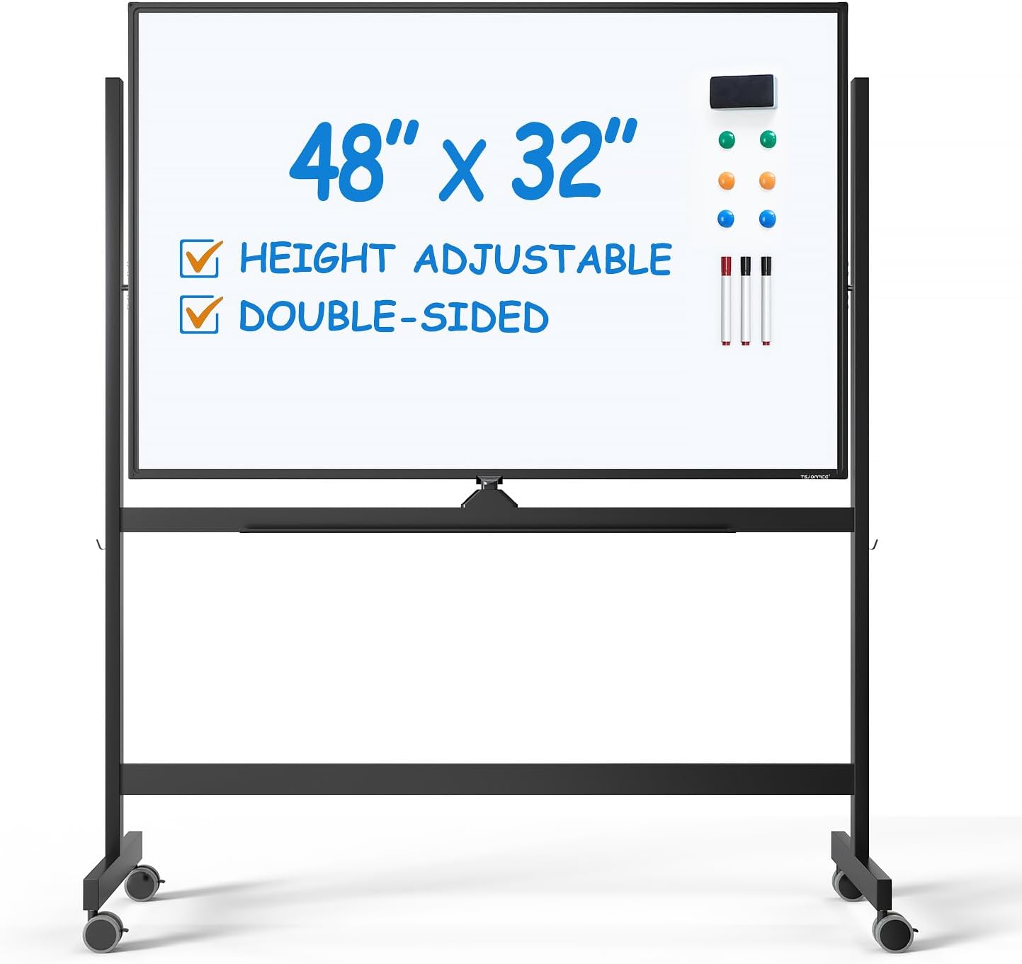 TSJ OFFICE Large Rolling Whiteboard - Dry Erase Magnetic 48 x 32 Inches White Board Height Adjust Double Sides Mobile Portable Easel on Wheels, Dry Erase Board with Stand for Office, Home & Classroom Black