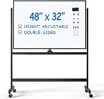 TSJ OFFICE Large Rolling Whiteboard - Dry Erase Magnetic 48 x 32 Inches White Board Height Adjust Double Sides Mobile Portable Easel on Wheels, Dry Erase Board with Stand for Office & Classroom -Black