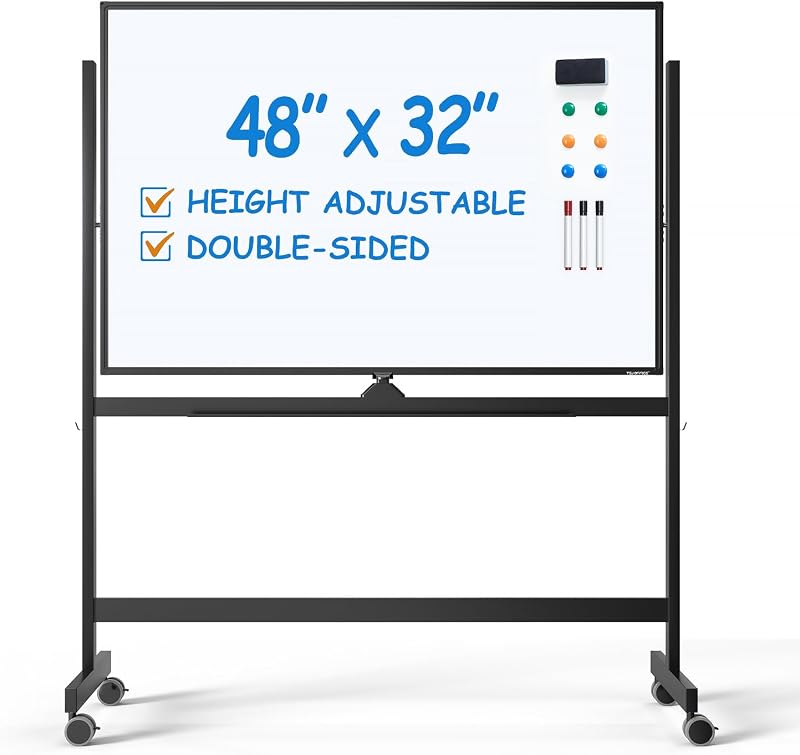 Large Rolling Whiteboard - Dry Erase Magnetic 48 x 32 Inches White Board Height Adjust Double Sides Mobile Portable Easel on Wheels, Dry Erase Board with Stand for Office, Home & Classroom