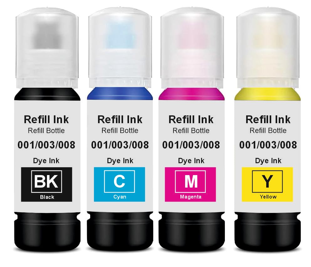 Image of KOSH 003 Refill Ink Compatible for Epson L3110, L3150, L3250, L3252 L3115, L3116, L3101, L3210, L3215, L3216, L3151, L3152, L3156, L5190 Printer Black, Cyan, Magenta & Yellow (Pack of 4)