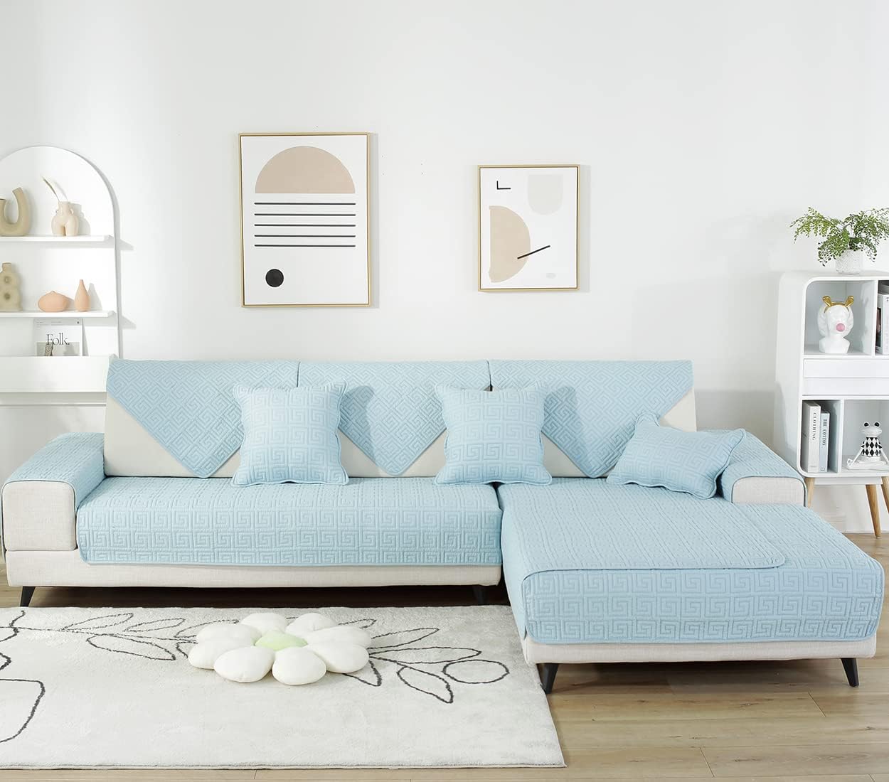 vctops Geometric Embroidery Cotton Sofa Couch Cover Non Slip Quilted Sectional Couch Covers Farmhouse Solid Color Sofa Slipcover for Dogs, Children, Pets Furniture Protector (Blue,36"x47")