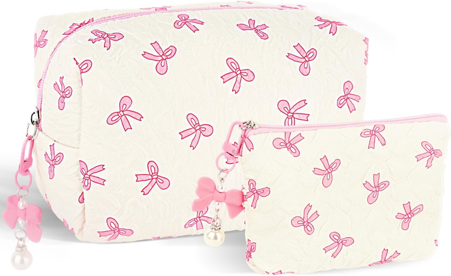 – 2Pcs Pink & White Makeup Bags with Bow Pattern, Large and Small Fabric Cosmetic Pouch Set for Travel, Toiletry Storage and Gifts