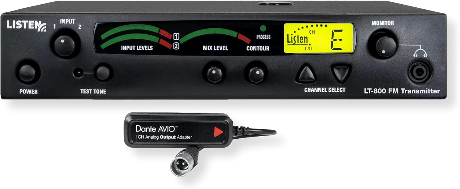 Listen Technologies LT-800-216-01-D Stationary RF Transmitter with Dante Adapter Enabled; LCD Display for Quick Channel, Programming, and Channel Lock Status Information; 57 Selectable Channels