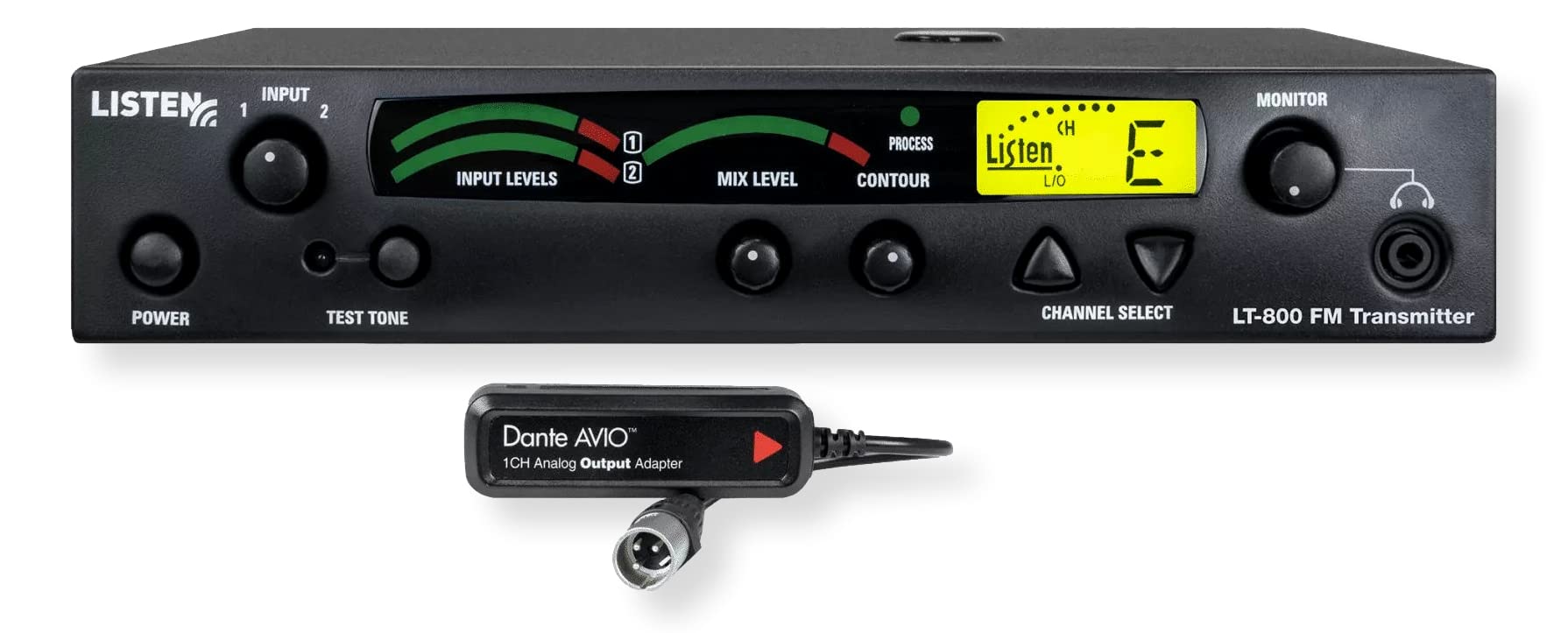 Listen Technologies LT-800-216-01-D Stationary RF Transmitter with Dante Adapter Enabled; LCD Display for Quick Channel, Programming, and Channel Lock Status Information; 57 Selectable Channels