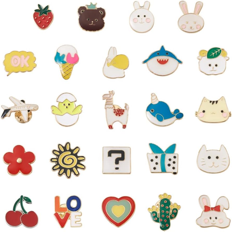 Cheriswelry 24Pcs Assorted Alloy Enamel Pins Rabbit Chicken Cat Sheep Duck Shark Shape Brooch Pins Heart Flower Cactus Lapel Pins 15-27mm for Clothes Jacket Bags Backpack Hats Decor