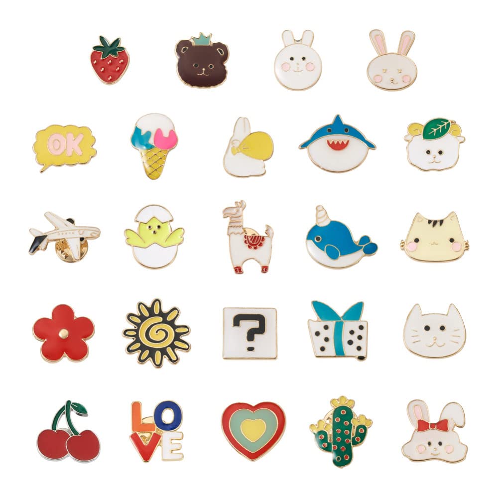Cheriswelry 24Pcs Assorted Alloy Enamel Pins Rabbit Chicken Cat Sheep Duck Shark Shape Brooch Pins Heart Flower Cactus Lapel Pins 15-27mm for Clothes Jacket Bags Backpack Hats Decor