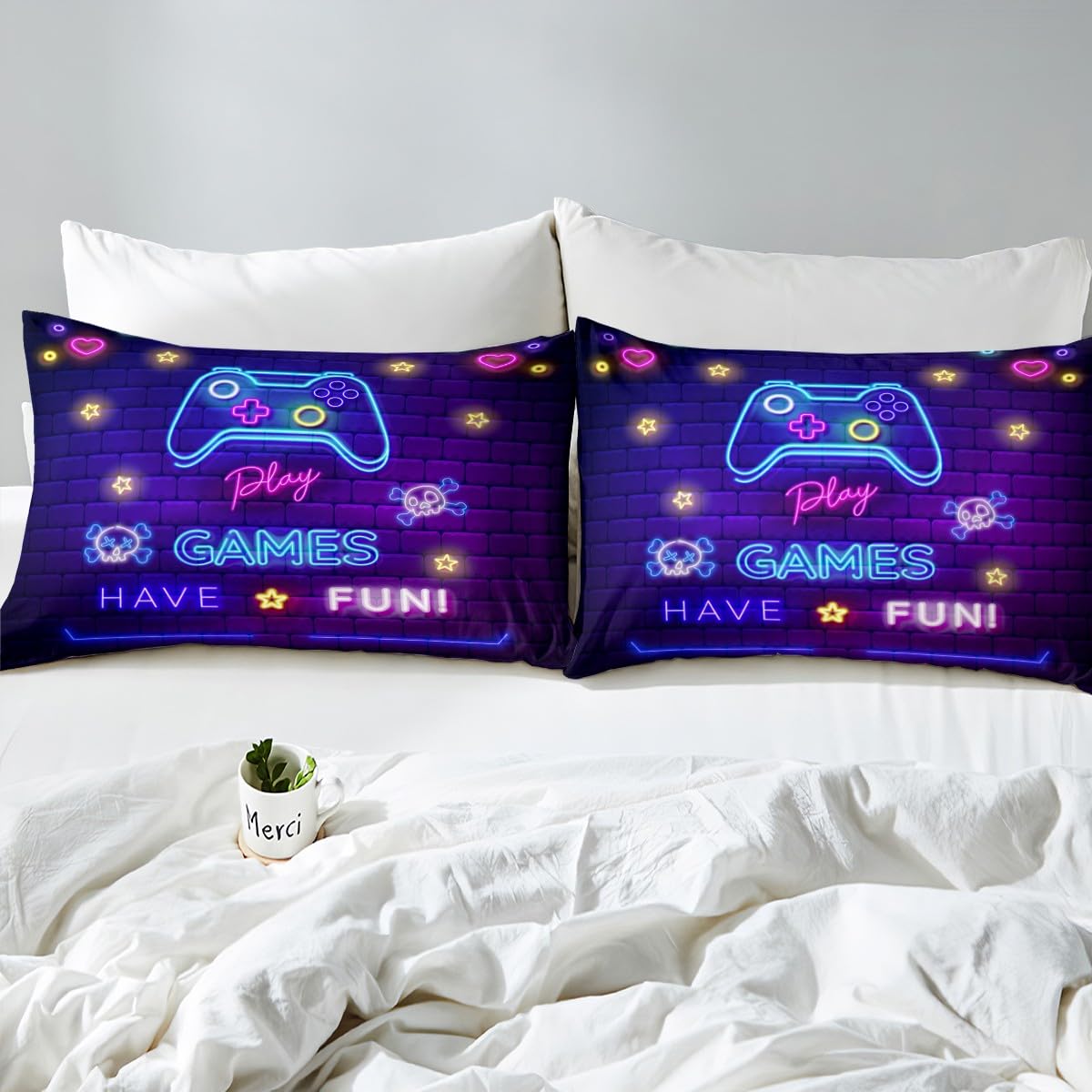 Homemissing Set di biancheria da letto per bambini, ragazzi e ragazze, con motivo videogiochi, con motivo videogiochi, colore: blu/viola, stile retrò, per camera da letto, 3 pezzi, per letto super