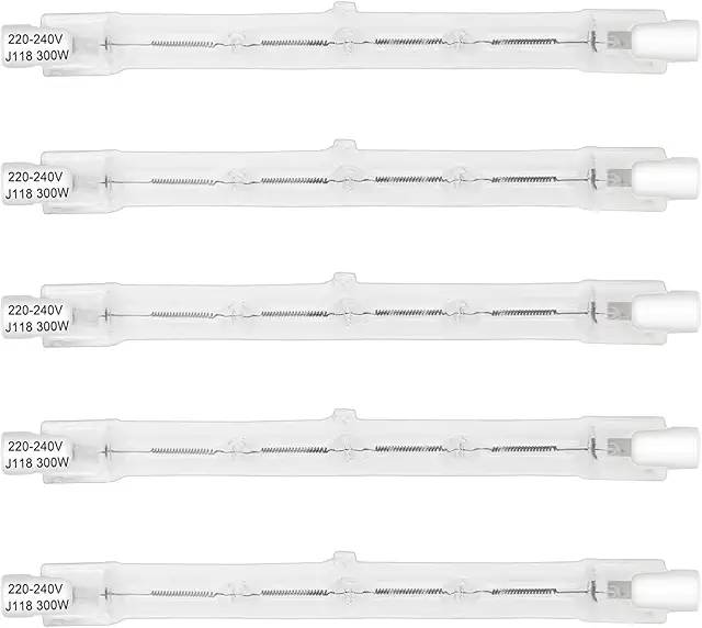 Bombilla Halógena R7s 118mm 300W Regulable, Luz Blanco Cálido 2800K, Paquete de 5