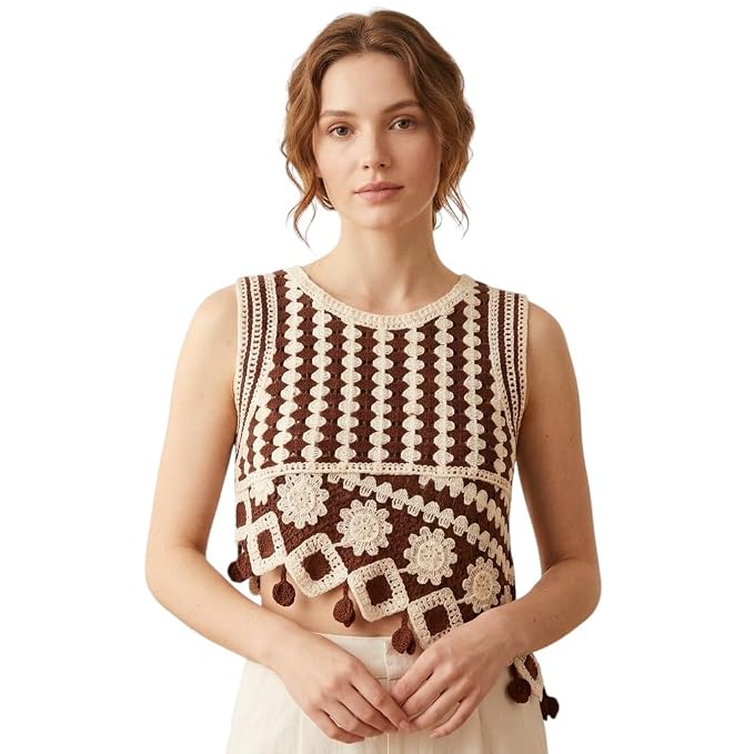 Sleeveless, Floral Granny Square Design with Pom-Pom Hem