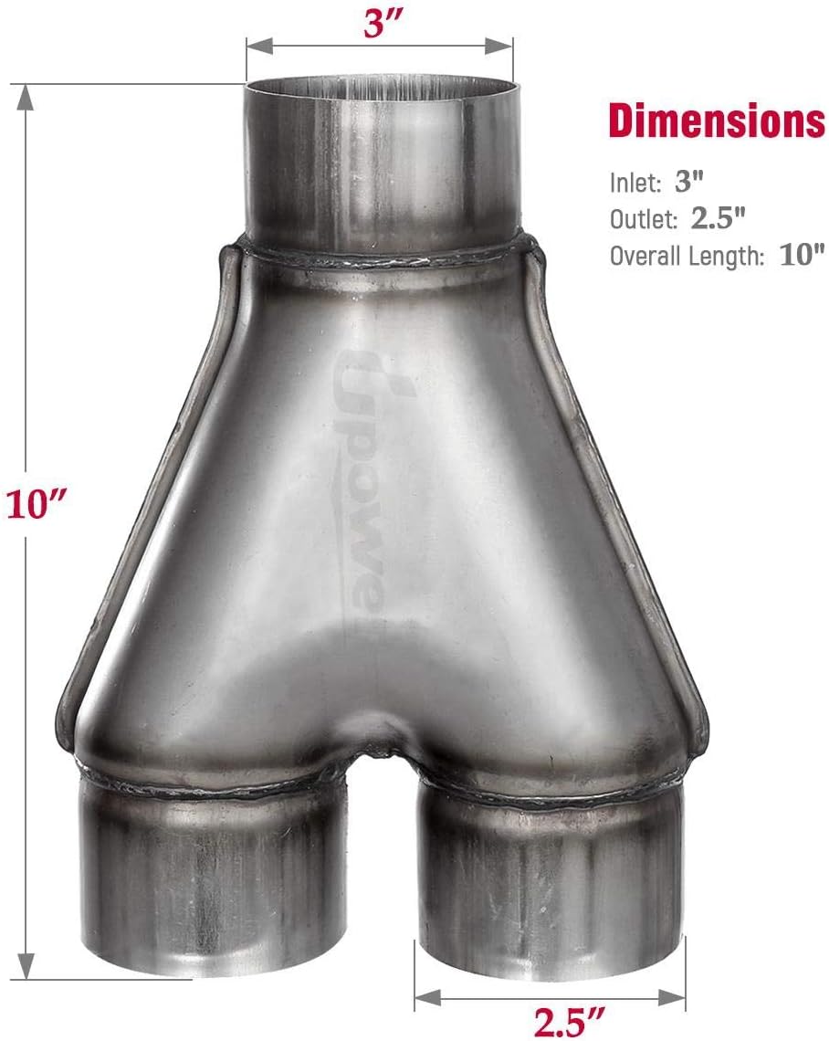 Upower Exhaust Y pipe 3" Inlet 2.5" Outlet Weld-on Dual Exhaust Pipe 10" Long Stainless Steel Tip