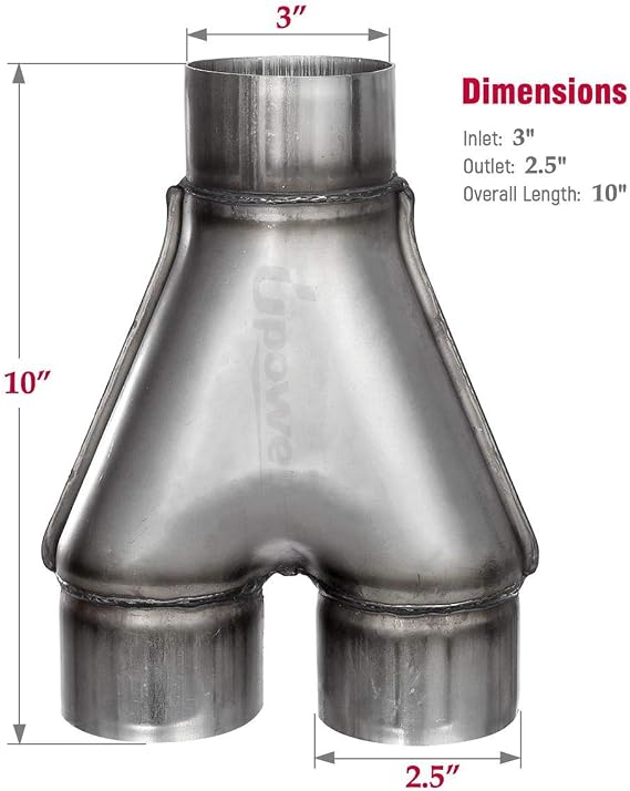 Upower Exhaust Y pipe 3 Inlet 2.5 Outlet Weld-on Dual Exhaust Pipe 10 Long Stainless Steel Tip