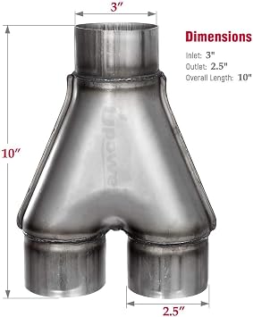 Upower Exhaust Y pipe 3 Inlet 2.5 Outlet Weld-on Dual Exhaust Pipe 10 Long Stainless Steel Tip