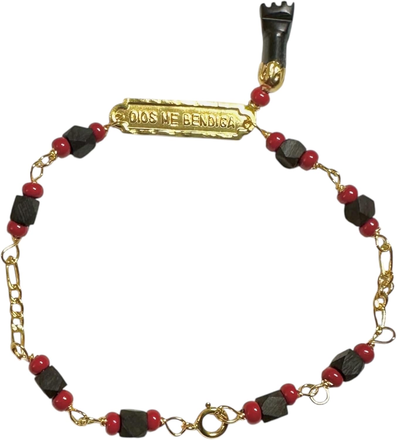 10K Yellow Gold Genuine Azabache Jet with Azabache Mano Figa Hand Dios Me Bendiga 6" Figaro Link Baby Bracelet