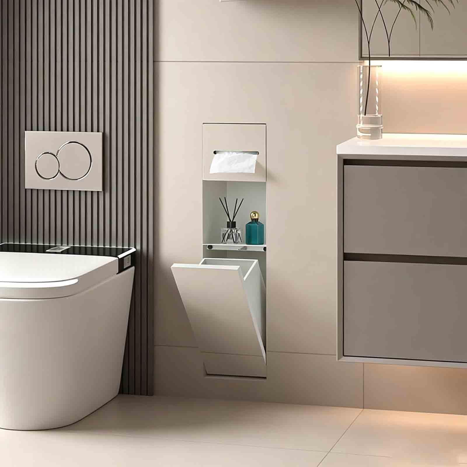 Estante de almacenamiento empotrado para ducha con soporte para cepillo de inodoro, soporte para pañuelos, armario de basura y capa de almacenamiento abierta, nicho integrado, diseño de ahorro de