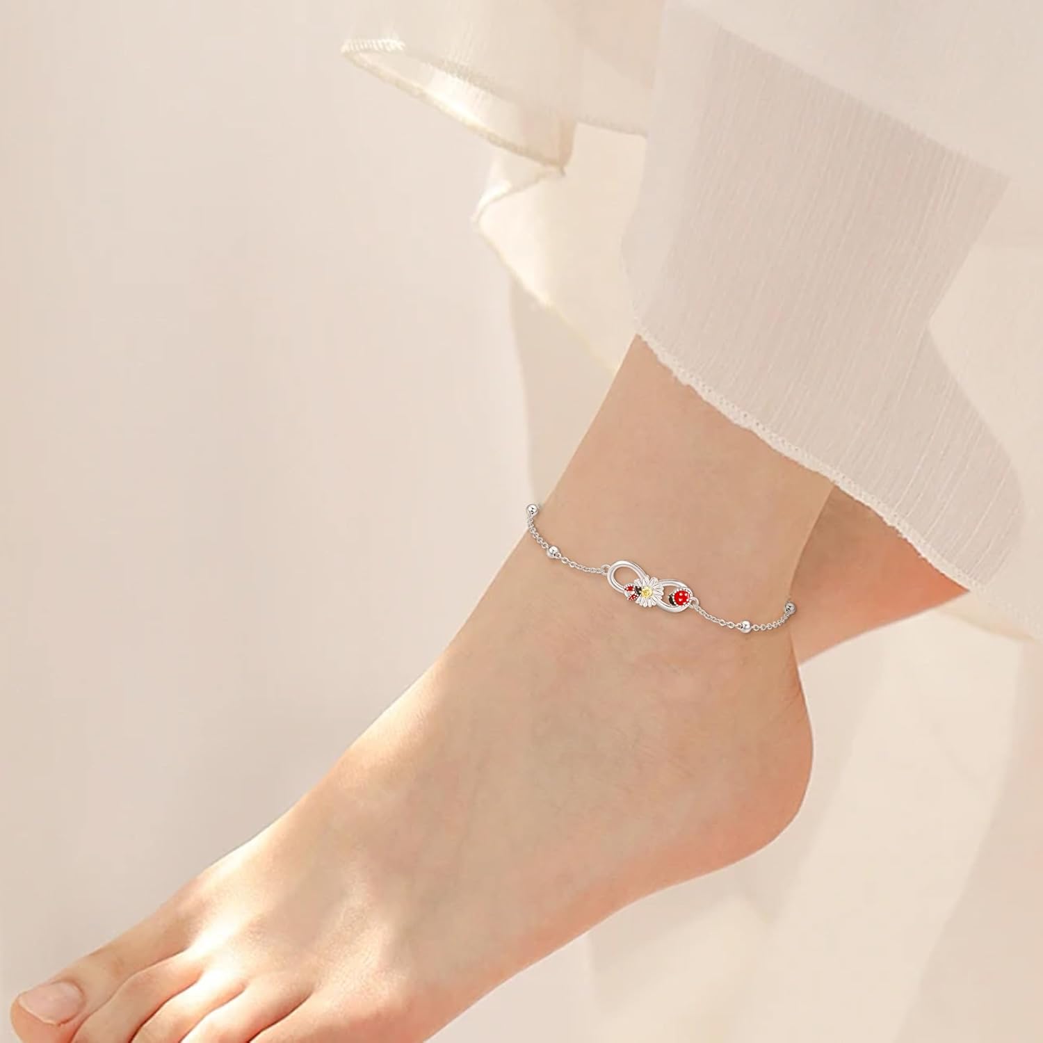 Highland Cow/Ladybug/Evil Eye Hamsa Anklet 925 Sterling Silver Highland Cow/Ladybug/Evil Eye Hamsa Jewelry for Women - Image 6