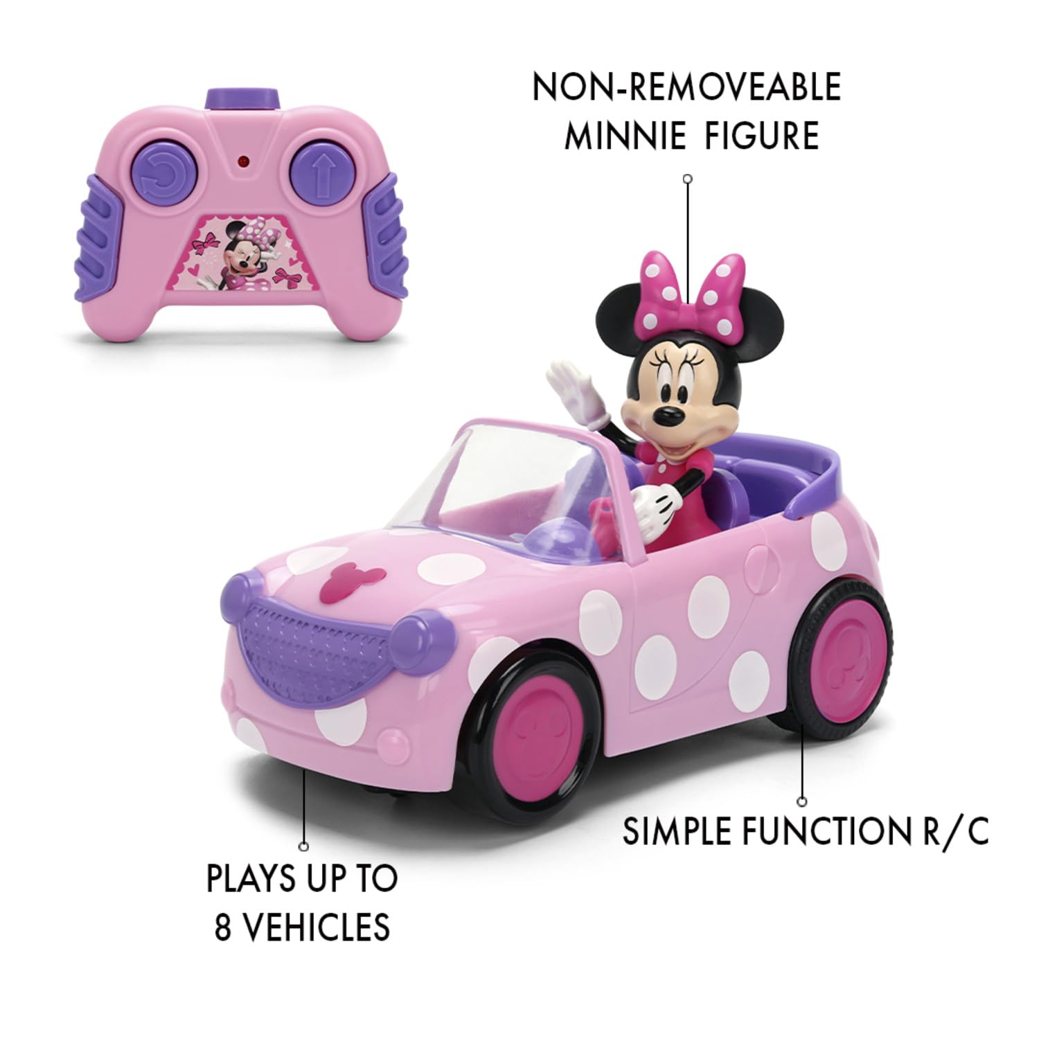 Jada Toys RC Minnie Mouse Roadster (14 cm, 1:32) – zdalnie sterowany samochód Disney o częstotliwości 2,4 GHz, do 2,5 kmh, zabawka dla fanów i dzieci od 3 lat, w zestawie pilot zdalnego sterowania