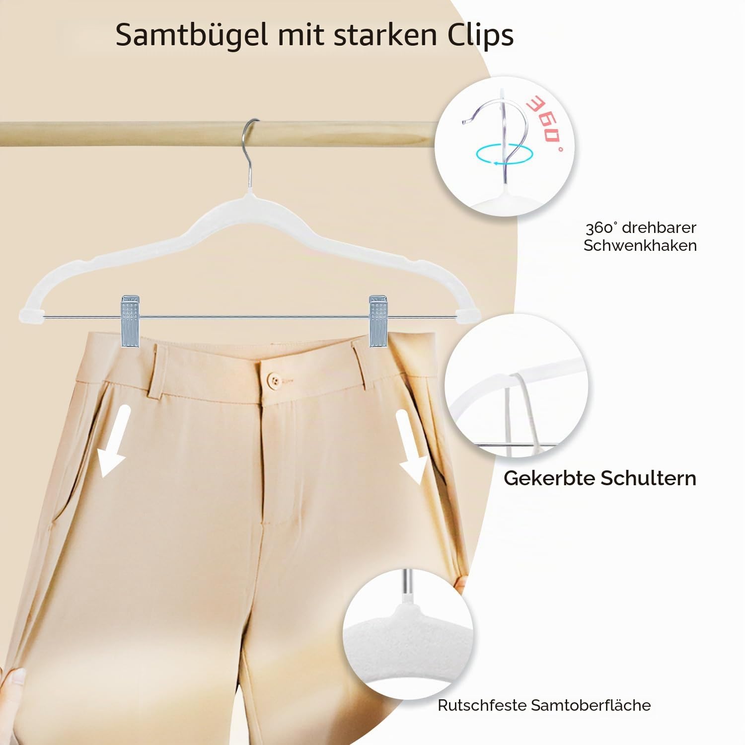 ManGotree Hosenbügel mit beweglichen Klammern, rutschfeste Samtkleiderbügel, platzsparende Rockbügel für Hemden, Hosen, Kleider, Röcke, Mäntel (18 Pack, Weiß)