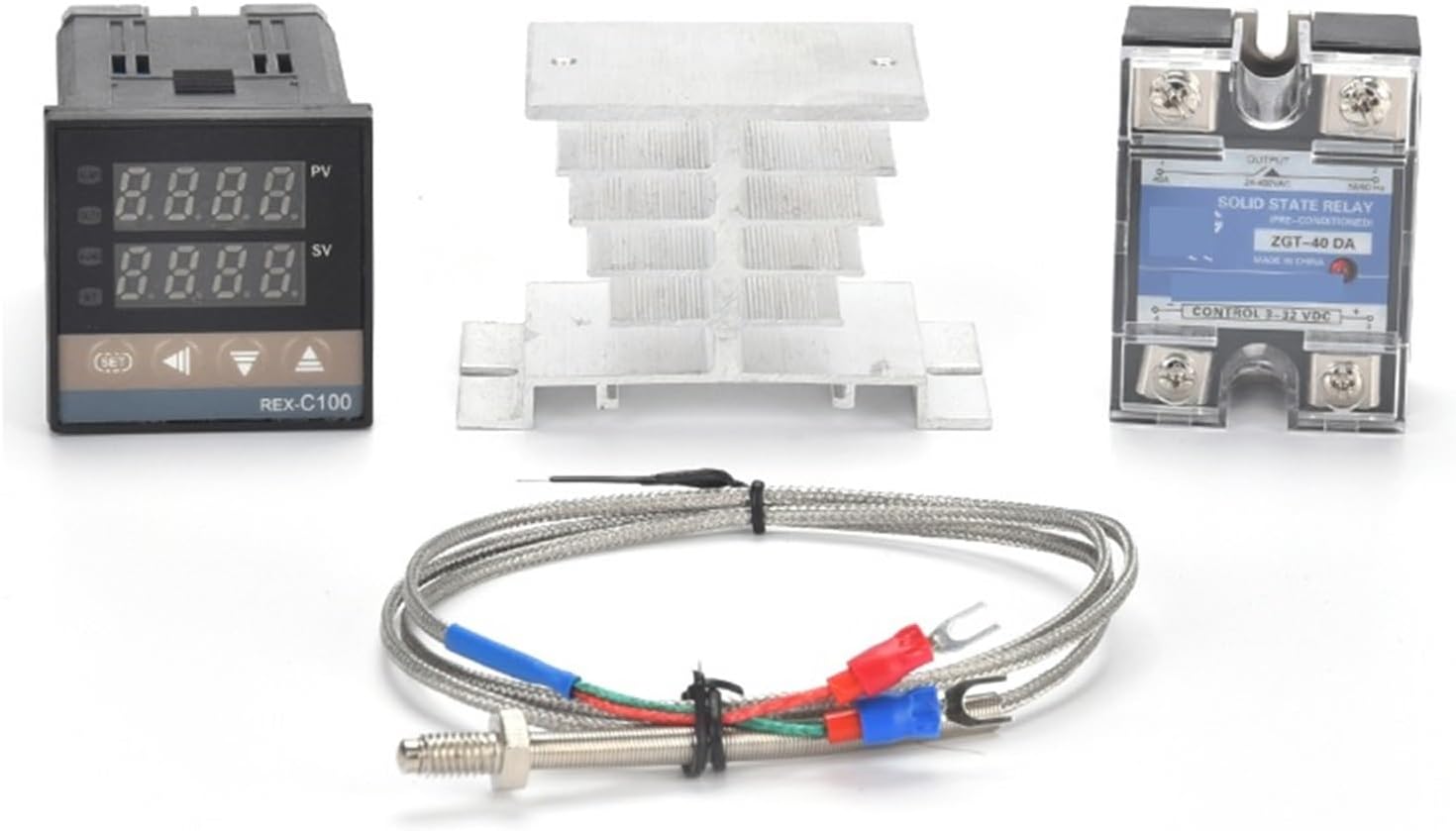 1pcs REX-C100 Digital PID Temperature Controller Thermostat 40DA SSR Relay K/J Screw M6 1M Thermocouple Probe RKC Heat Sink Set(Set 3 J)