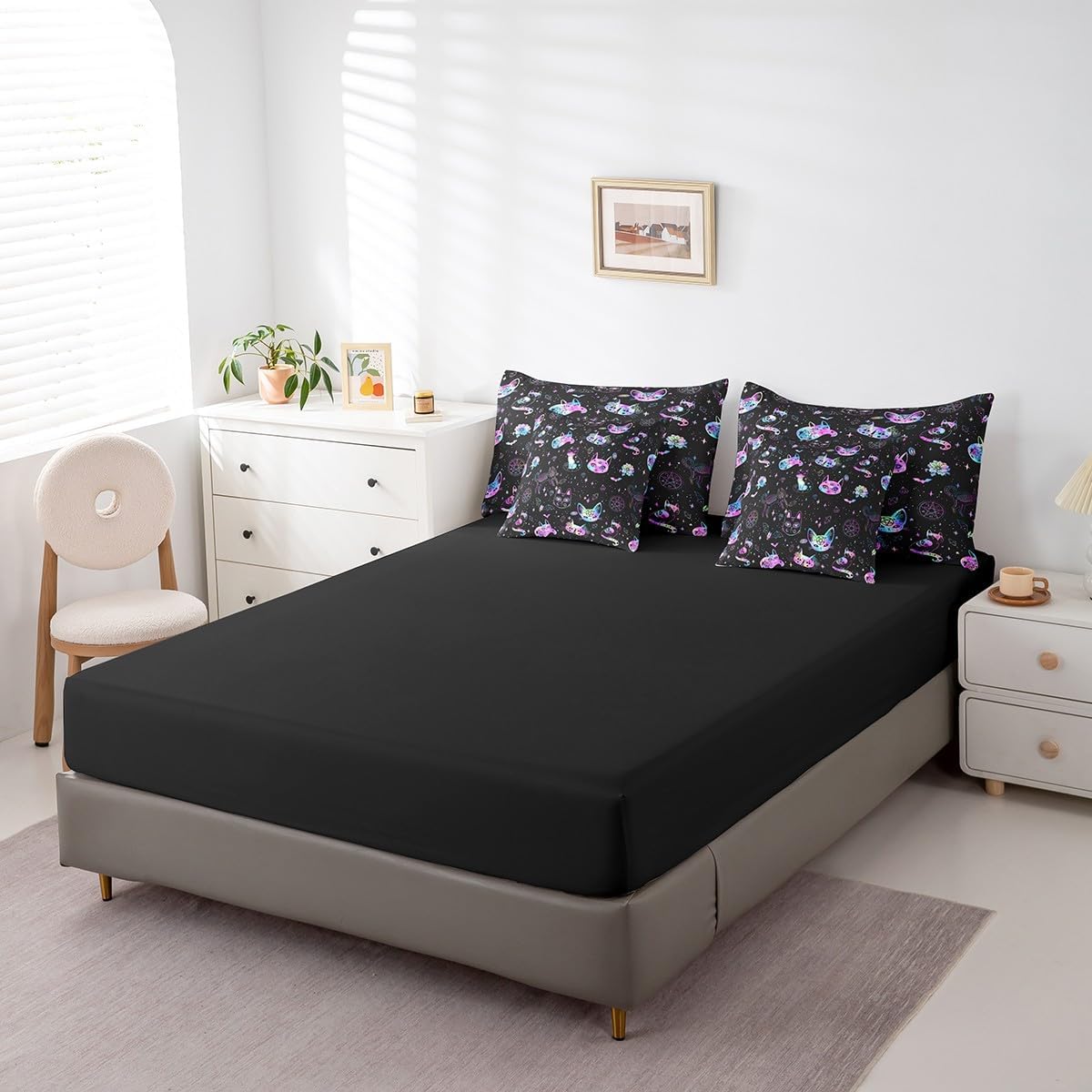 Castle Fairy Ombre Cat Skull Comforter Set Full Size,Black Galaxy Starry Bed Set 7pcs with Comforter,Fitted Sheet,Flat Sheet,2 Pillowcases,2 Throw Pillow Covers,Gothic Constellation Bedding Set