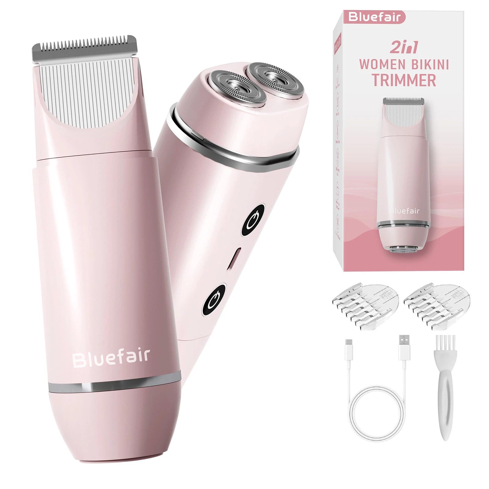 Bikini Trimmer for Women, 2 in 1 Electric Razors for Women Electric Shaver, IPX7 Waterproof Body Hair Trimmer Shaver,Replaceable Lady Facial Razor Bikini Trimmer for Legs Private (Pink)