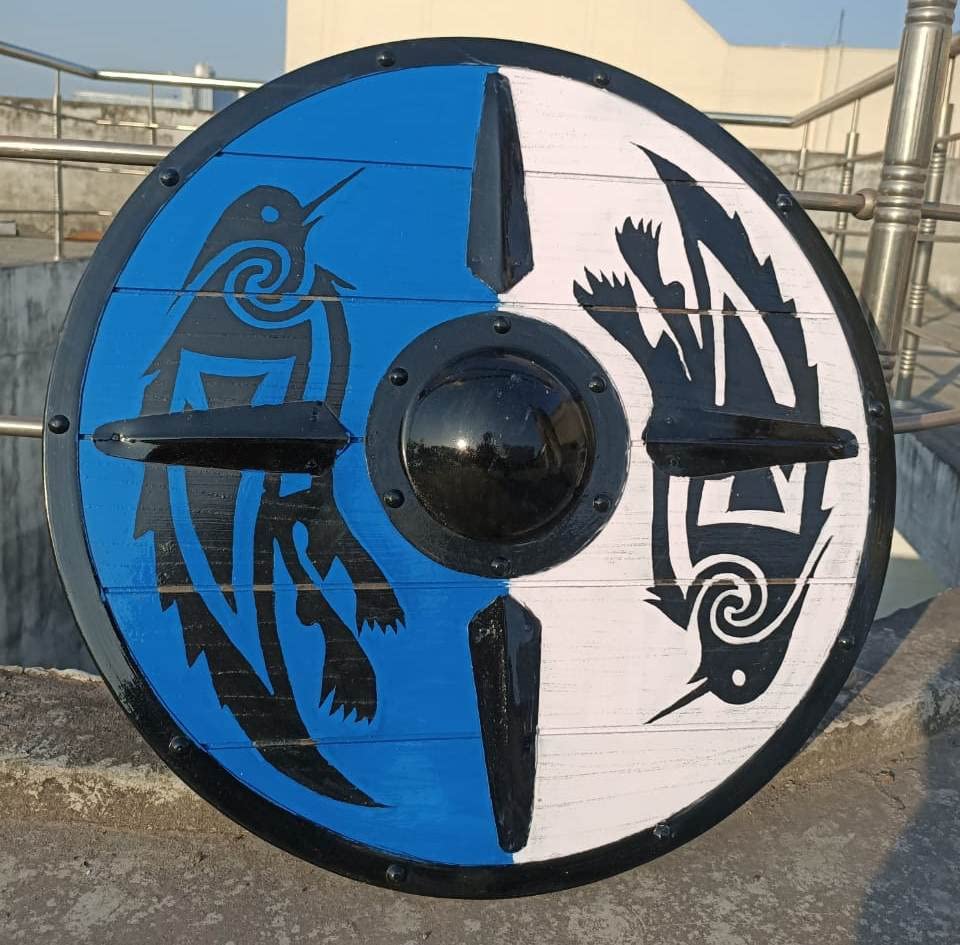 HISTORICAL HUB Medieval Larp Warrior Wood & Steel Viking Bird Shield Round For Halloween, Costume, Cosplay Armor Templar Battle Ready Design Bird Halloween Shield