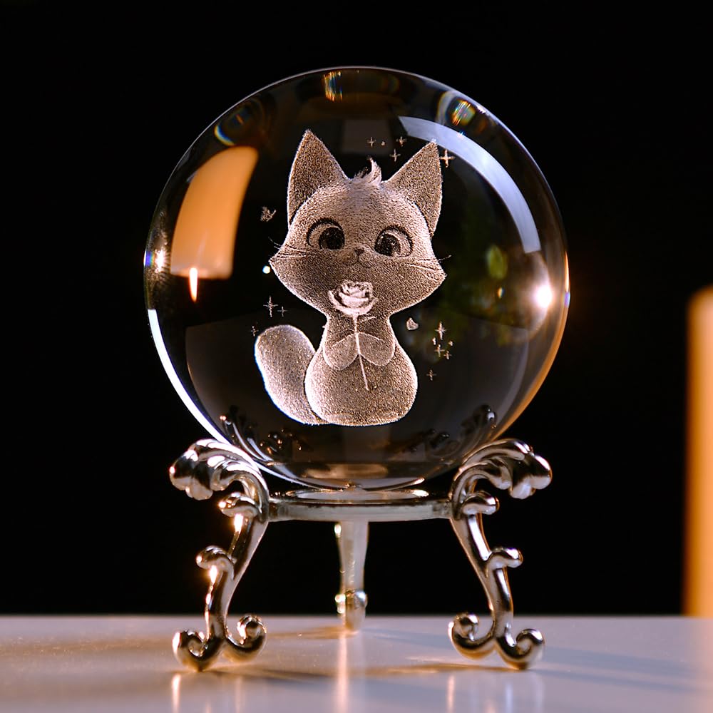 Boule de cristal 3D pour chat - Cadeaux pour amoureux des chats - Presse-papiers en verre - Décoration pour les amoureux des chats - 60 mm - Boule de chat avec support - Cadeaux pour Noël et