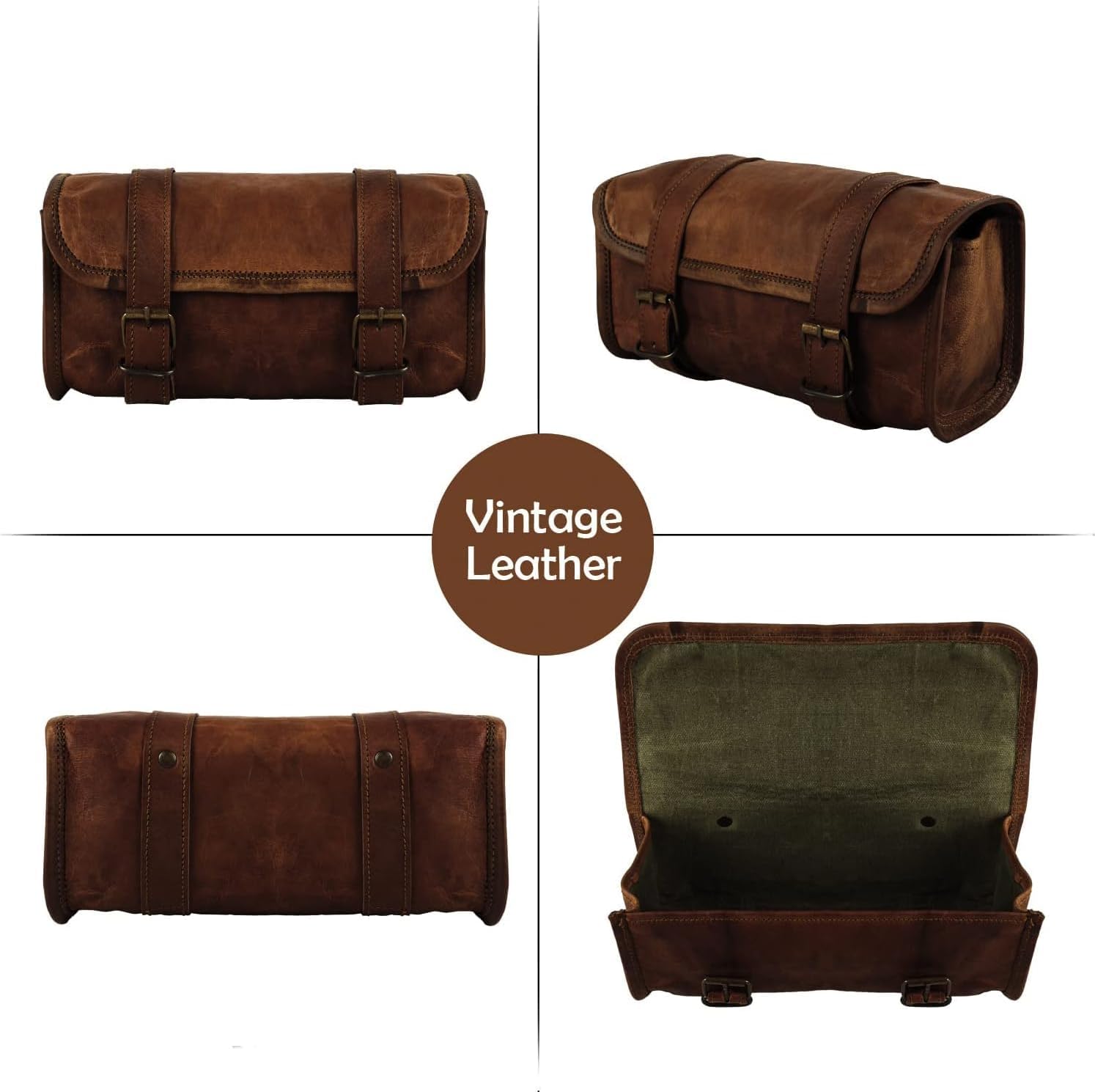 Genuine Leather Vintage Motorcycle 2 Strap Buckle Closure Tool Bag Brown Handlebar Sissy Bar Tool Pouch Roll Bags (Brown3)