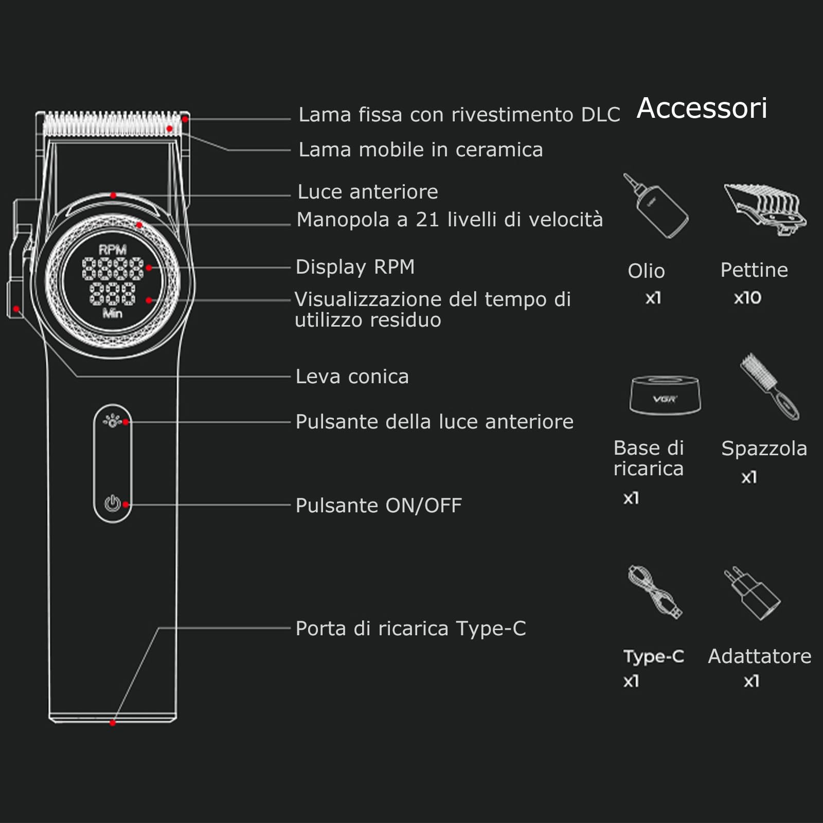 VGR 001 - Tagliacapelli professionale da uomo, senza fili, per tagliare i capelli, lama in acciaio al carbonio, per barbieri, 9000 giri/min, display a LED, nero
